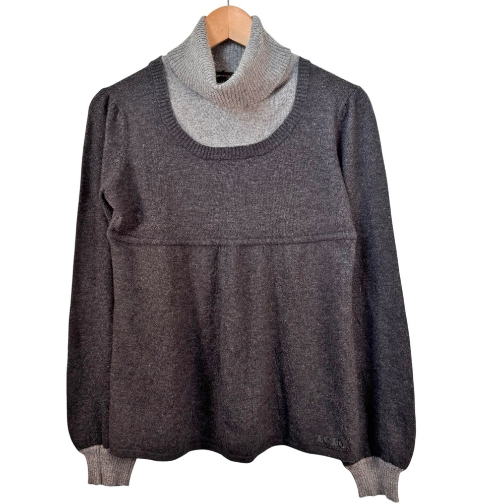 BCBGMaxAzria Y2K Babydoll Turtleneck Sweater Large Gray Layered Look Angora Wool